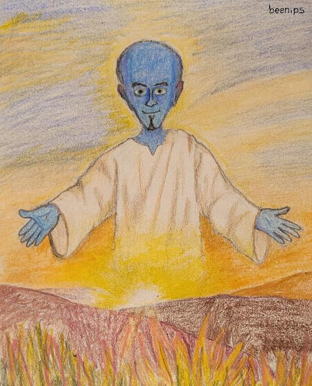 A colored pencil art piece of Overlord Megamind wearing off-white robes and opening his arms in an accepting manner.